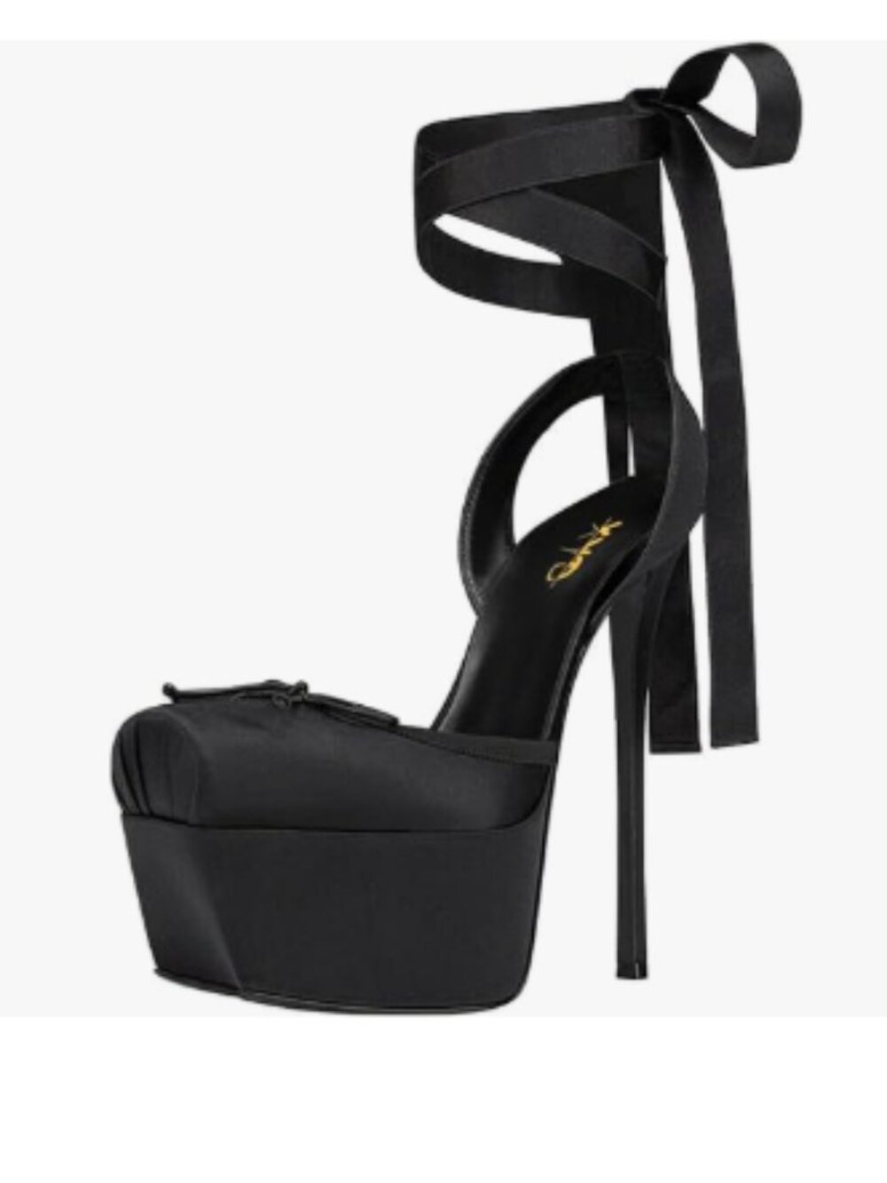 XYD Black Ribbon Lace-up Pumps Square Toe Ankle Strappy Bowknot Platform Shoes